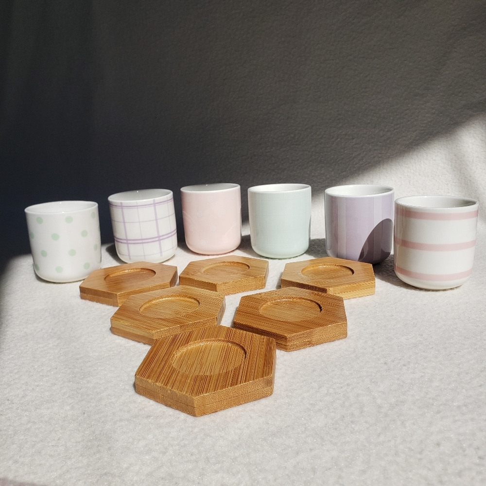Pastel NWOT Set of 6 Colourful Teacups Wooden Coasters Cups Hot Drinkware